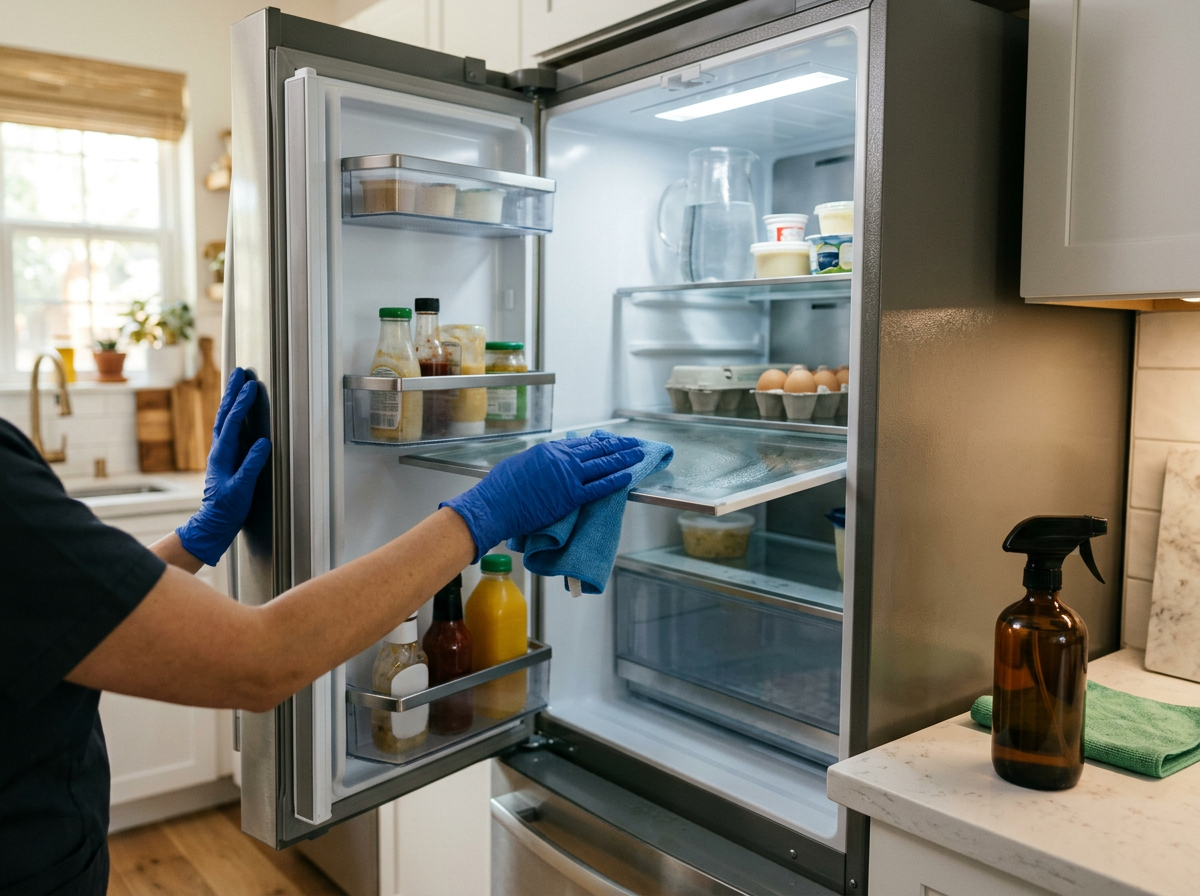 Gloved cleaner wiping the interior shelves of an open stainless steel refrigerator with a microfiber cloth in a bright kitchen