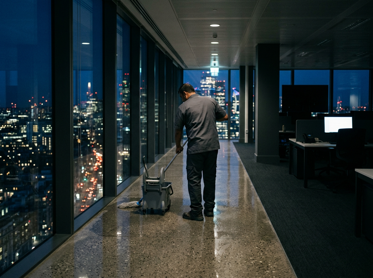 Cleaner mopping a modern office floor late at night with city lights glowing through floor-to-ceiling windows