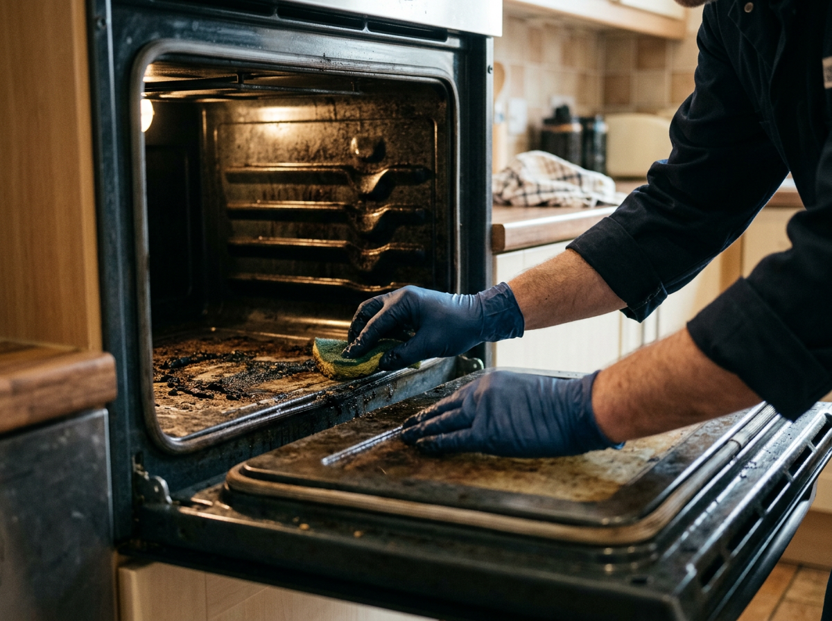 Gloved hands scrubbing baked-on grease from the interior of an open stainless steel oven with a scrub pad